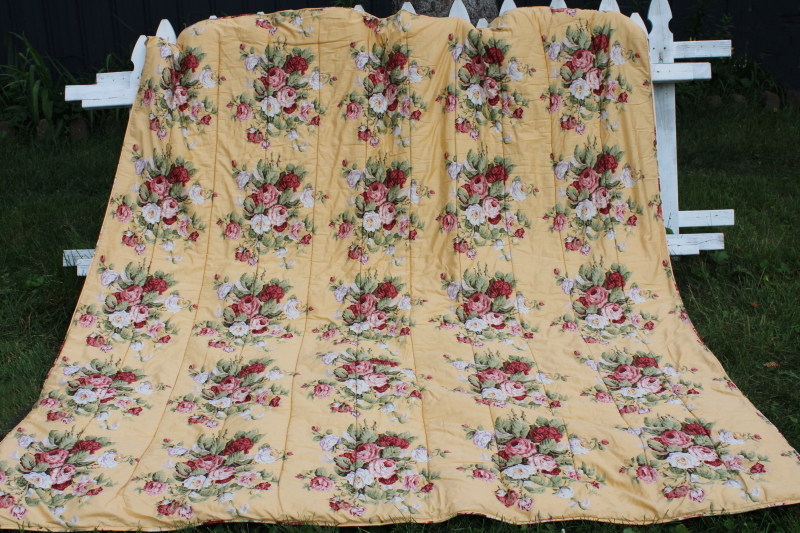 photo of vintage shabby chic style comforter, soft cotton fabric w/ roses floral print on yellow #1