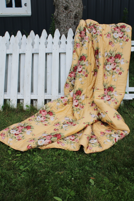 photo of vintage shabby chic style comforter, soft cotton fabric w/ roses floral print on yellow #5