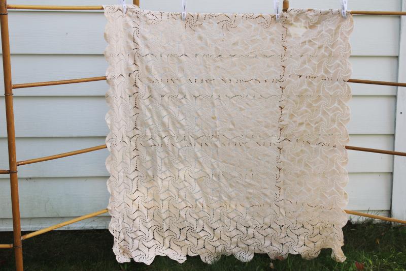 photo of vintage shabby cottage chic crochet lace tablecloth, pinwheel pattern square #1