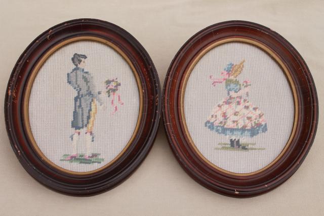 photo of vintage shabby cottage chic framed needlepoint pictures, boy & girl in oval wood frames #1