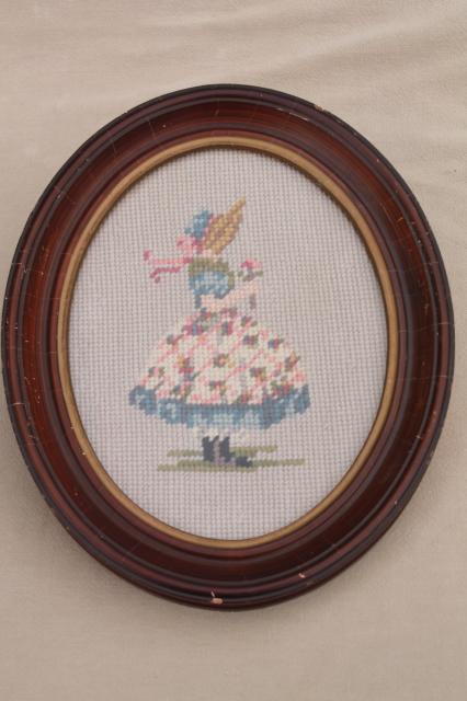 photo of vintage shabby cottage chic framed needlepoint pictures, boy & girl in oval wood frames #4