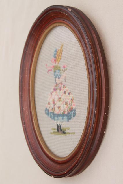 photo of vintage shabby cottage chic framed needlepoint pictures, boy & girl in oval wood frames #6