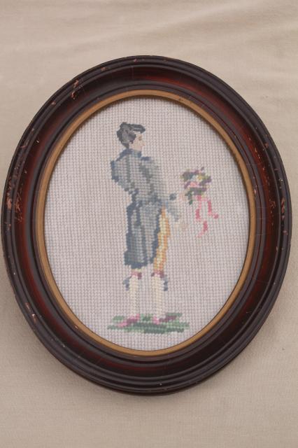 photo of vintage shabby cottage chic framed needlepoint pictures, boy & girl in oval wood frames #7