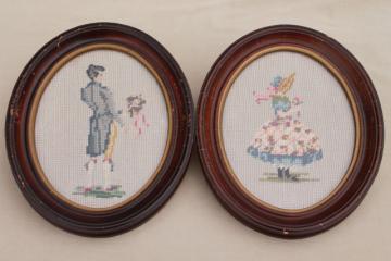 catalog photo of vintage shabby cottage chic framed needlepoint pictures, boy & girl in oval wood frames