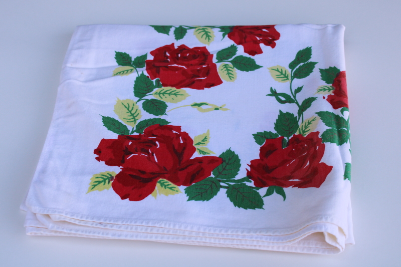photo of vintage shabby rose print cotton rayon tablecloth, cutter for fabric upcycle, red roses floral  #1