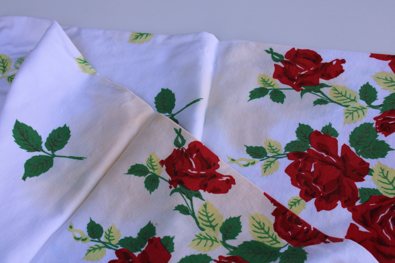 photo of vintage shabby rose print cotton rayon tablecloth, cutter for fabric upcycle, red roses floral  #2