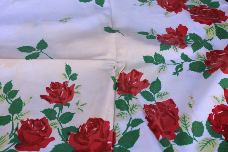 photo of vintage shabby rose print cotton rayon tablecloth, cutter for fabric upcycle, red roses floral  #3