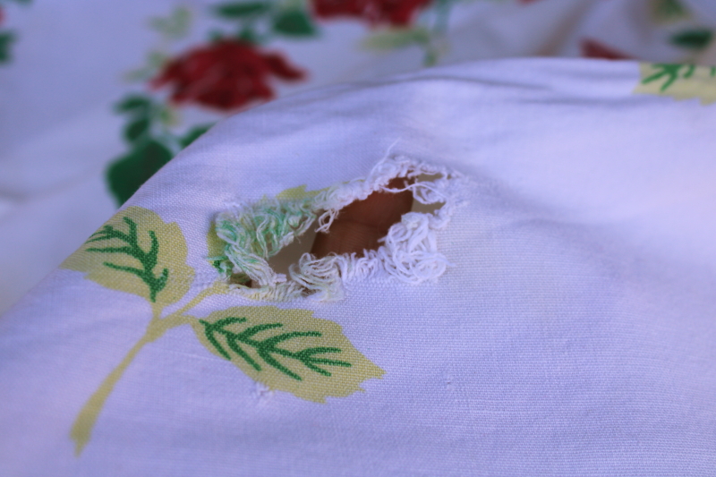 photo of vintage shabby rose print cotton rayon tablecloth, cutter for fabric upcycle, red roses floral  #4