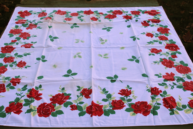 photo of vintage shabby rose print cotton rayon tablecloth, cutter for fabric upcycle, red roses floral  #5