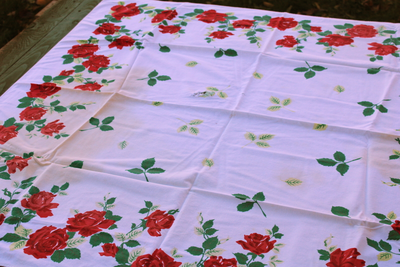 photo of vintage shabby rose print cotton rayon tablecloth, cutter for fabric upcycle, red roses floral  #6