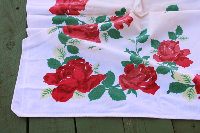 photo of vintage shabby rose print cotton rayon tablecloth, cutter for fabric upcycle, red roses floral  #7