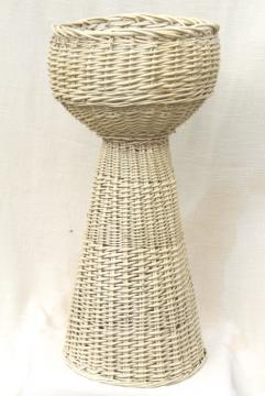 catalog photo of vintage shabby white wicker fern stand, jardiniere w/ large rattan plant basket