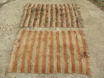catalog photo of vintage shaggy cotton rag rug lot, two throw rugs, natural earth colors