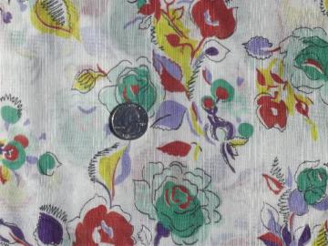 catalog photo of vintage sheer checked weave cotton fabric, multi-colored roses print