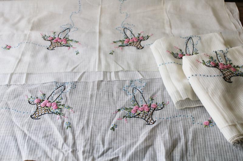 photo of vintage sheer cotton dimity w/ hand stitched embroidery, unused linens upcycle project fabric #1