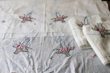 catalog photo of vintage sheer cotton dimity w/ hand stitched embroidery, unused linens upcycle project fabric