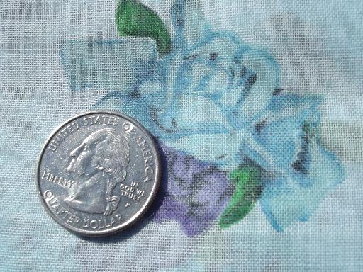 photo of vintage sheer cotton fabric, floral print roses on blue, 60s retro #2