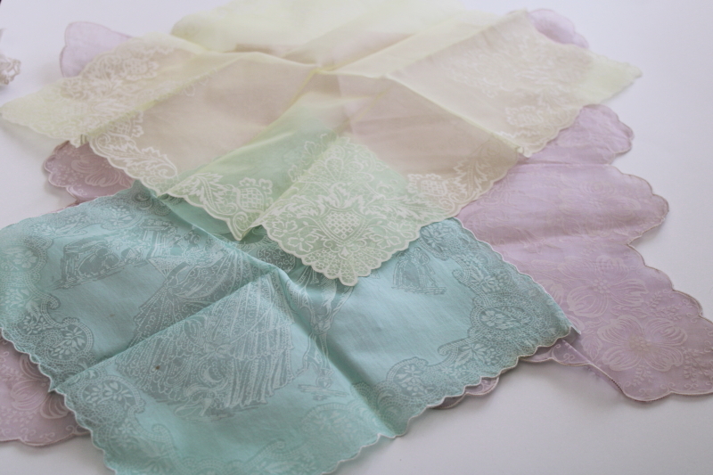 photo of vintage sheer crisp cotton organdy hankies, candy mint pastels w/ white flocking #1