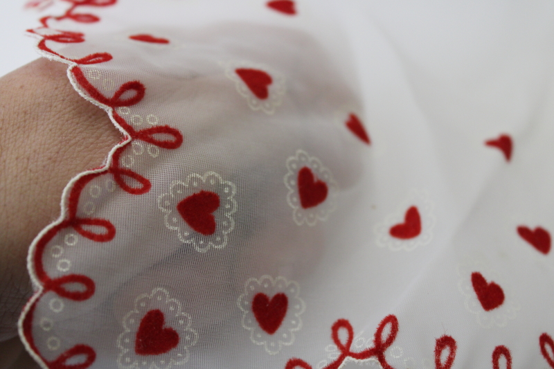 photo of vintage sheer nylon chiffon handkerchief Valentine red flocked hearts, 1950s rockabilly hanky #3