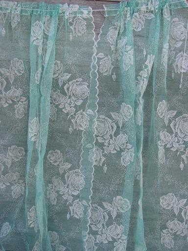 photo of vintage sheer summer curtains, jadite green net w/ white flocked roses #1