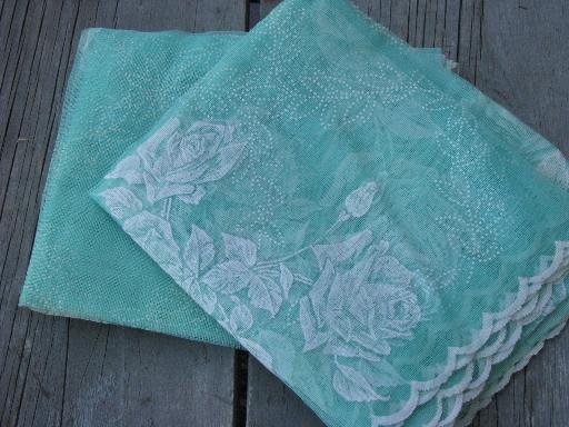 photo of vintage sheer summer curtains, jadite green net w/ white flocked roses #2