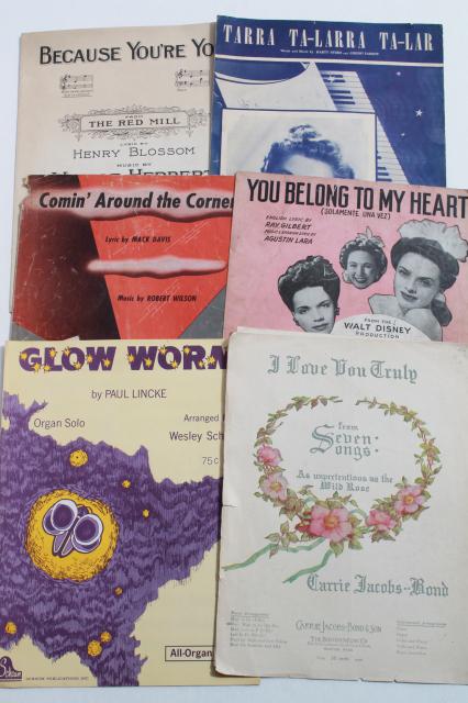 photo of vintage sheet music lot, 90+ pieces 20s, 30s, 40s, 50s, great cover art graphics #5