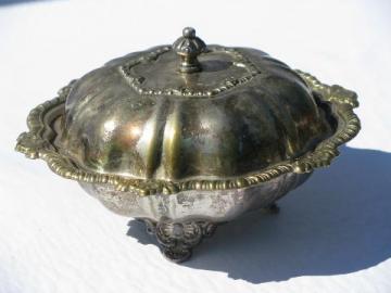 catalog photo of vintage sheffield plate, silver over brass dome covered butter dish cheese plate