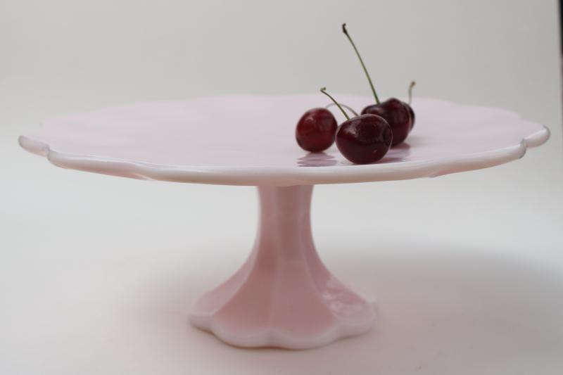 photo of vintage shell pink milk glass cake stand, Smith glass scalloped plate dessert pedestal #1