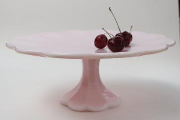 catalog photo of vintage shell pink milk glass cake stand, Smith glass scalloped plate dessert pedestal