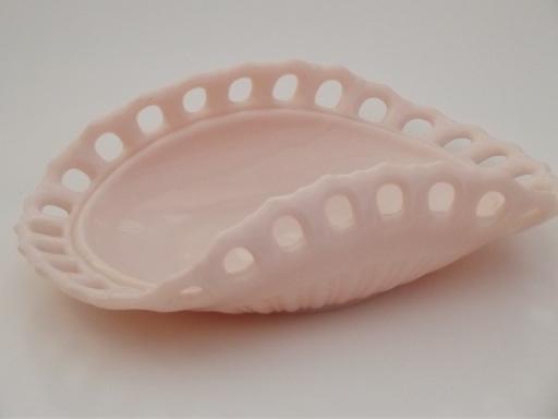 photo of vintage shell pink milk glass fruit bowl, open lace edge pattern glass #1