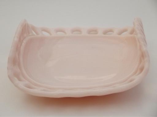 photo of vintage shell pink milk glass fruit bowl, open lace edge pattern glass #2