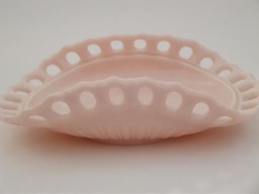 photo of vintage shell pink milk glass fruit bowl, open lace edge pattern glass #3