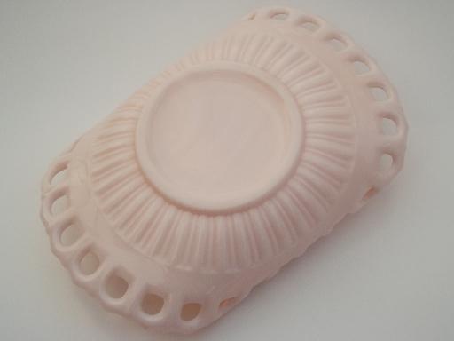 photo of vintage shell pink milk glass fruit bowl, open lace edge pattern glass #4