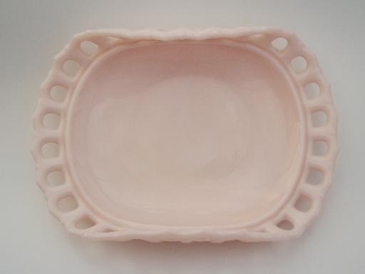 photo of vintage shell pink milk glass fruit bowl, open lace edge pattern glass #5