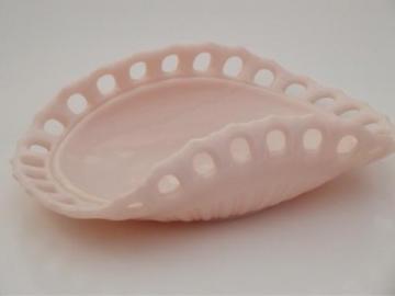 catalog photo of vintage shell pink milk glass fruit bowl, open lace edge pattern glass