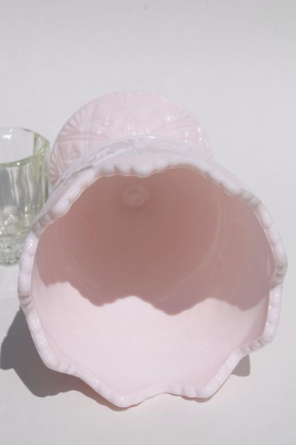 photo of vintage shell pink milk glass planter pot or flower vase, Napco fine cut pattern #4