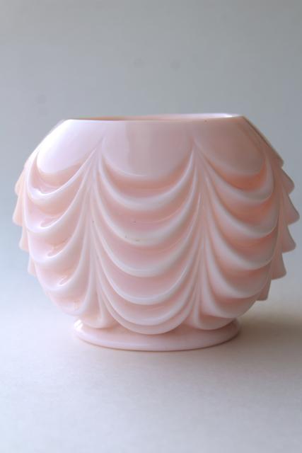 photo of vintage shell pink milk glass rose bowl flower ball vase, Fostoria heavy drape pattern #1