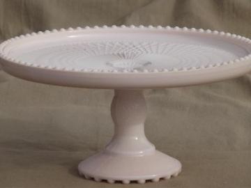 catalog photo of vintage shell pink milk glass wedding cake stand / pedestal dessert plate