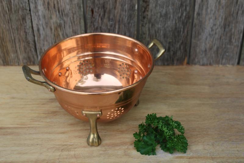 photo of vintage shiny copper colander bowl w/ brass handles & feet, kitchen strainer basket #1