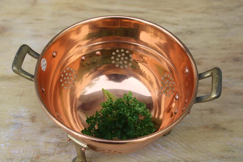 photo of vintage shiny copper colander bowl w/ brass handles & feet, kitchen strainer basket #4