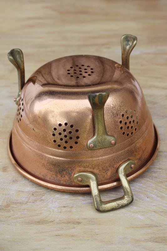 photo of vintage shiny copper colander bowl w/ brass handles & feet, kitchen strainer basket #5