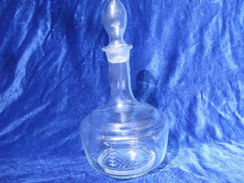 photo of vintage ship's decanter bottle, glass w/ etched ship, blown glass stopper #1