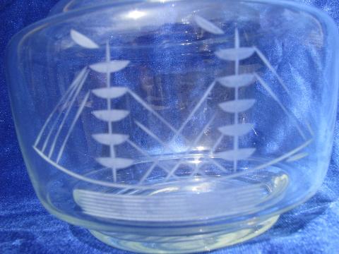 photo of vintage ship's decanter bottle, glass w/ etched ship, blown glass stopper #2