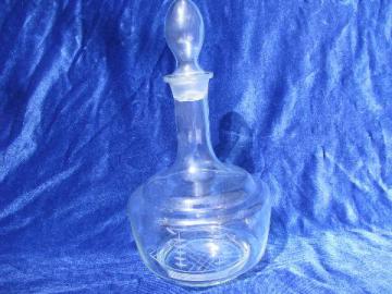 catalog photo of vintage ship's decanter bottle, glass w/ etched ship, blown glass stopper