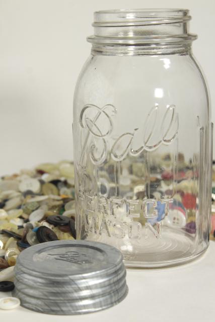 photo of vintage shirt buttons, old Ball mason jar full of saved buttons, estate collection #2