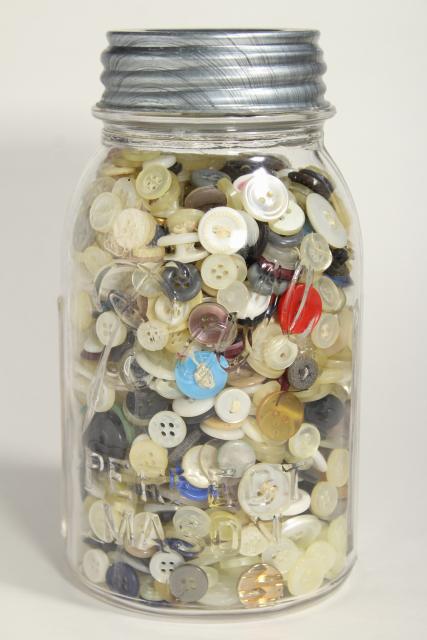 photo of vintage shirt buttons, old Ball mason jar full of saved buttons, estate collection #3