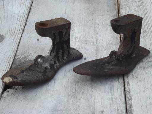 photo of vintage shoe lasts, foot shape cobbler forms, pair old cast iron feet #1