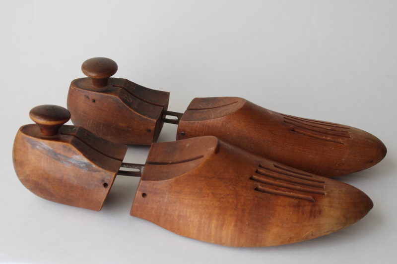 photo of vintage shoe stretchers w/ wooden knob handles, carved wood foot shape shoe trees  #1