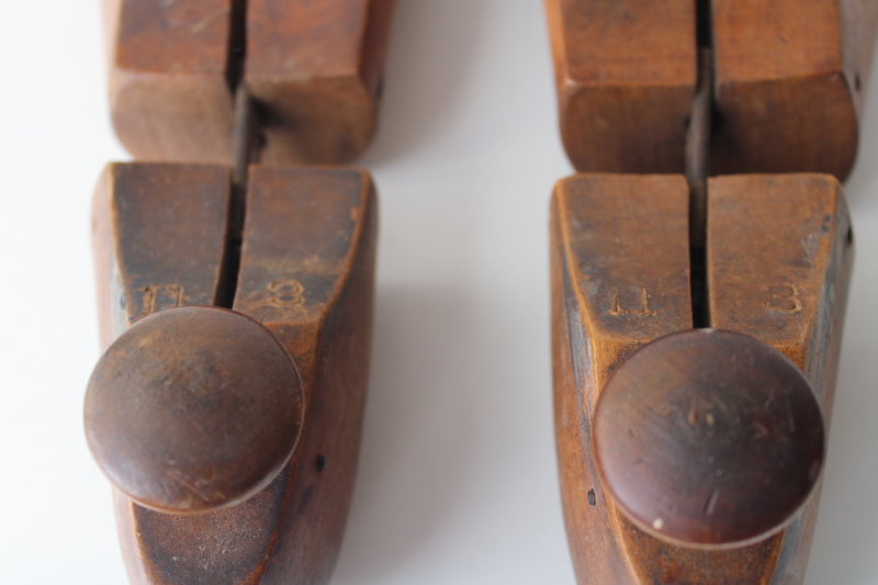 photo of vintage shoe stretchers w/ wooden knob handles, carved wood foot shape shoe trees  #3