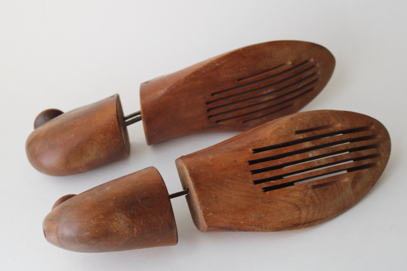 photo of vintage shoe stretchers w/ wooden knob handles, carved wood foot shape shoe trees  #7